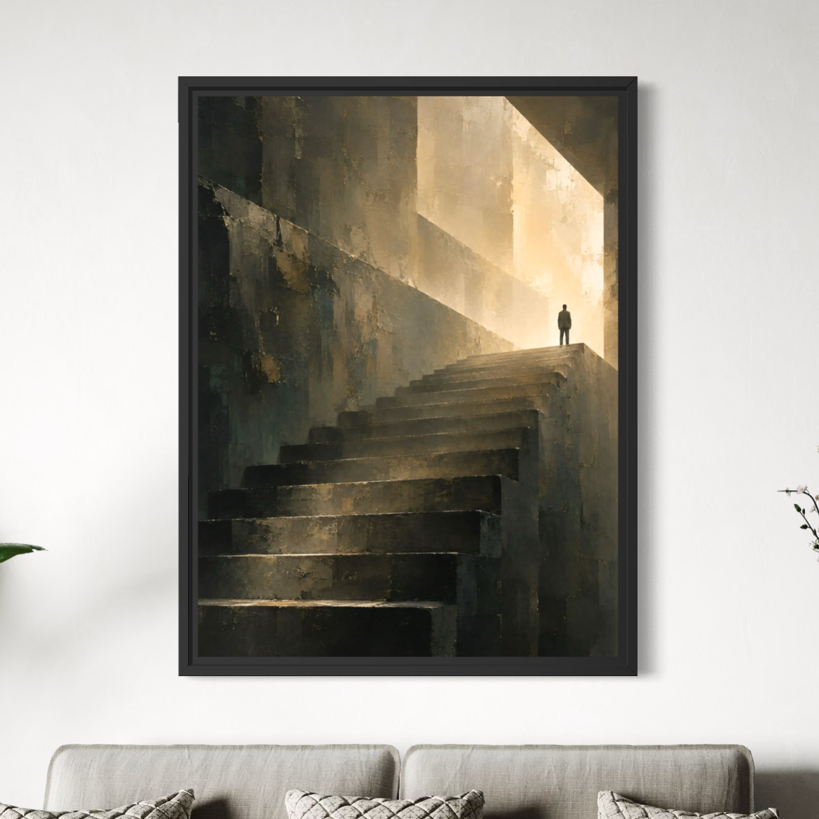 Sans Retour – Tableau escalier vers la lumière Tableau escalier Sans Retour avec cadre noir représentant une silhouette solitaire avançant dans une architecture sombre vers une lumière dorée.