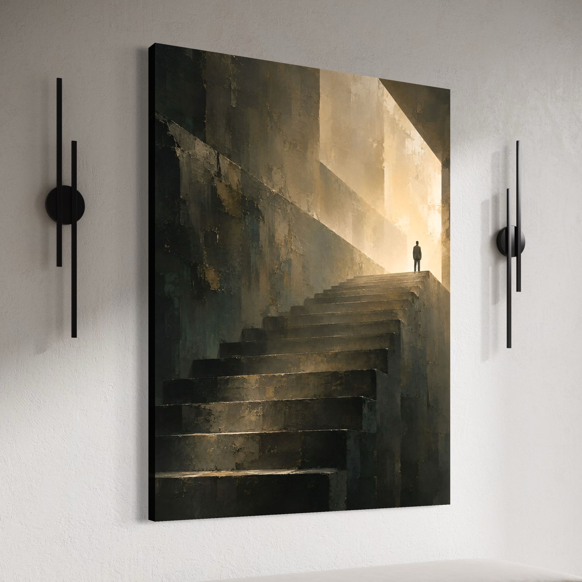 Sans Retour – Tableau escalier vers la lumière Vue en perspective du tableau Sans Retour sur toile avec escalier monumental sombre et silhouette solitaire face à une lumière dorée.
