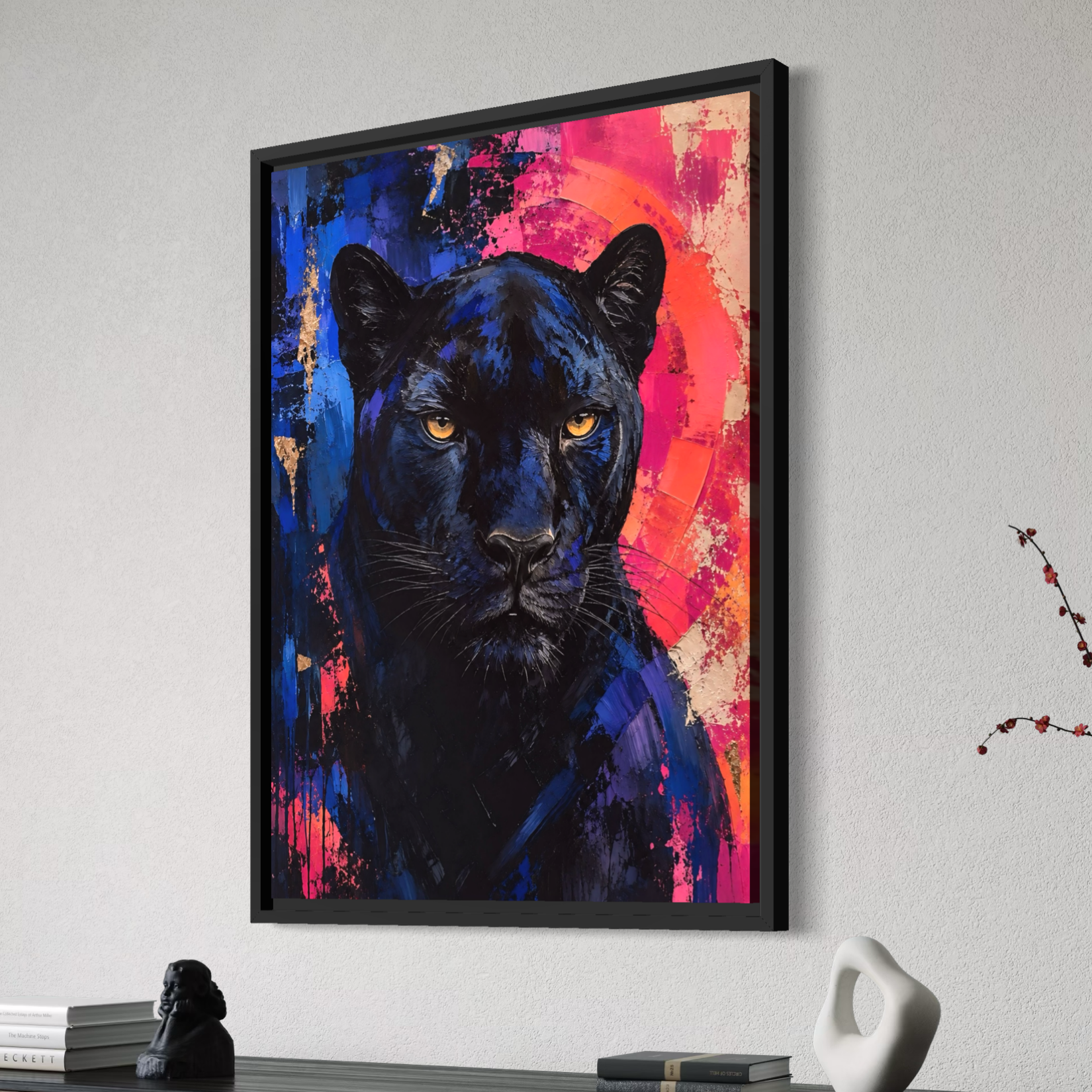 Vue latérale du tableau Félin Royal représentant une panthère noire colorée