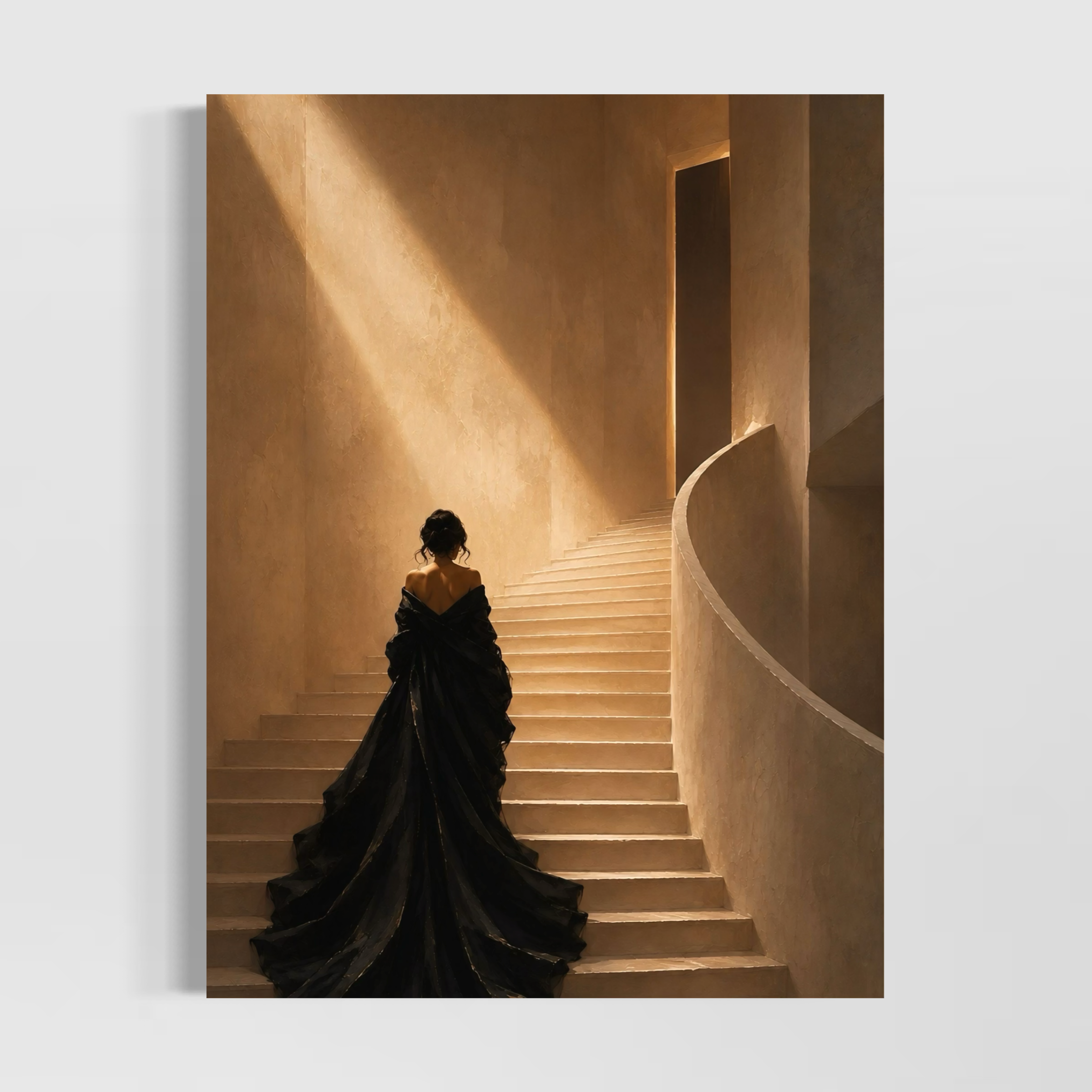 Tableau Femme Élégante – Haute Marche Haute Marche, tableau femme élégante en robe noire montant un escalier baigné de lumière dorée