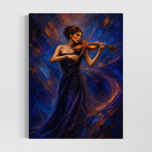 Tableau contemporain Nuit Virtuose représentant une violoniste en robe bleu nuit jouant du violon sur un fond abstrait bleu, violet et cuivré