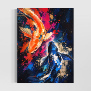 Tableau À Contre-Cœur Tableau Harmonie Koi représentant deux carpes koi orange et bleue sur fond abstrait coloré