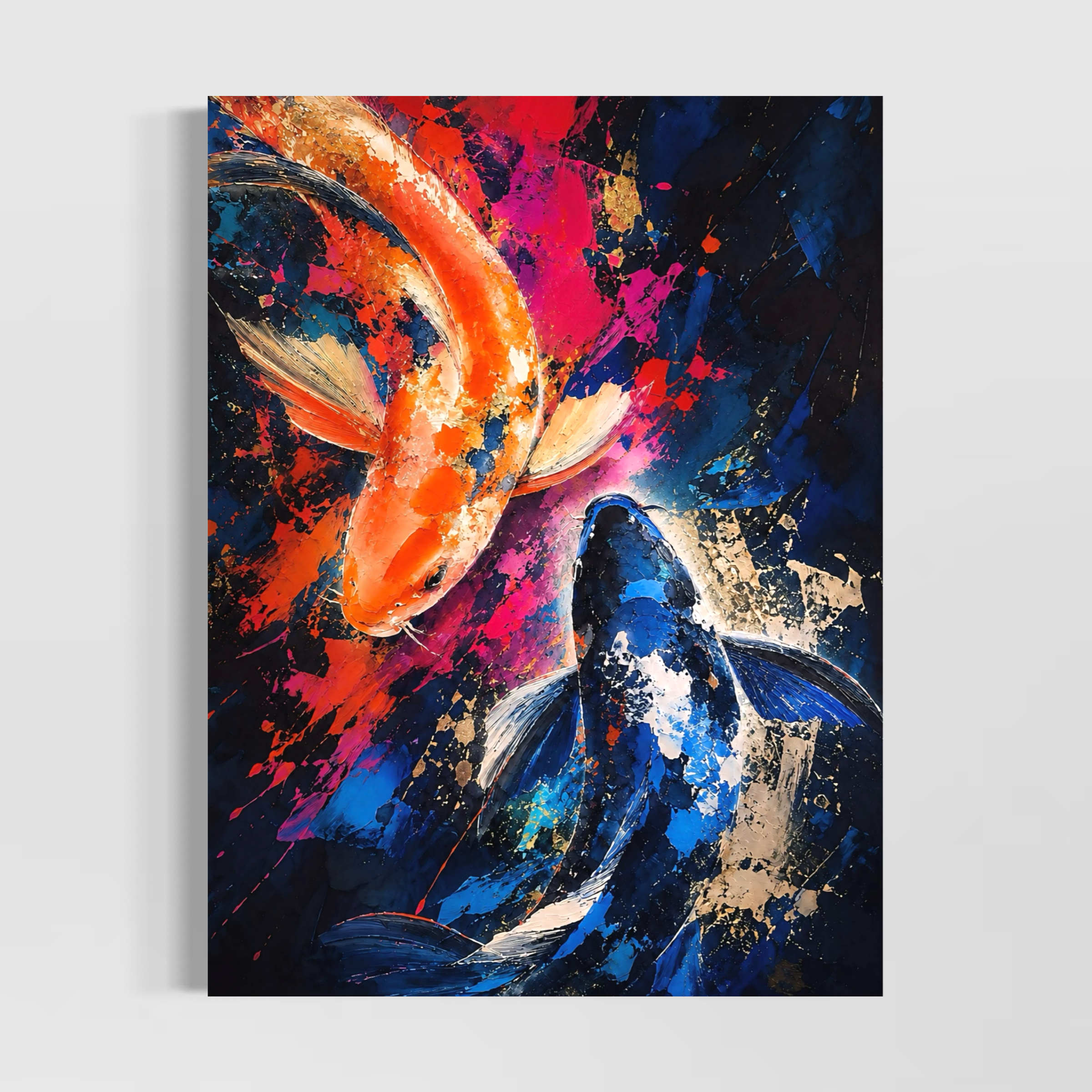 Tableau Poissons Koi – Harmonie Koi Tableau Harmonie Koi représentant deux carpes koi orange et bleue sur fond abstrait coloré