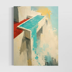 Tableau Cocktail Riviera Tableau Vertige Suspendu représentant une architecture contemporaine abstraite aux volumes blancs, turquoise et rouges avec une petite silhouette solitaire.