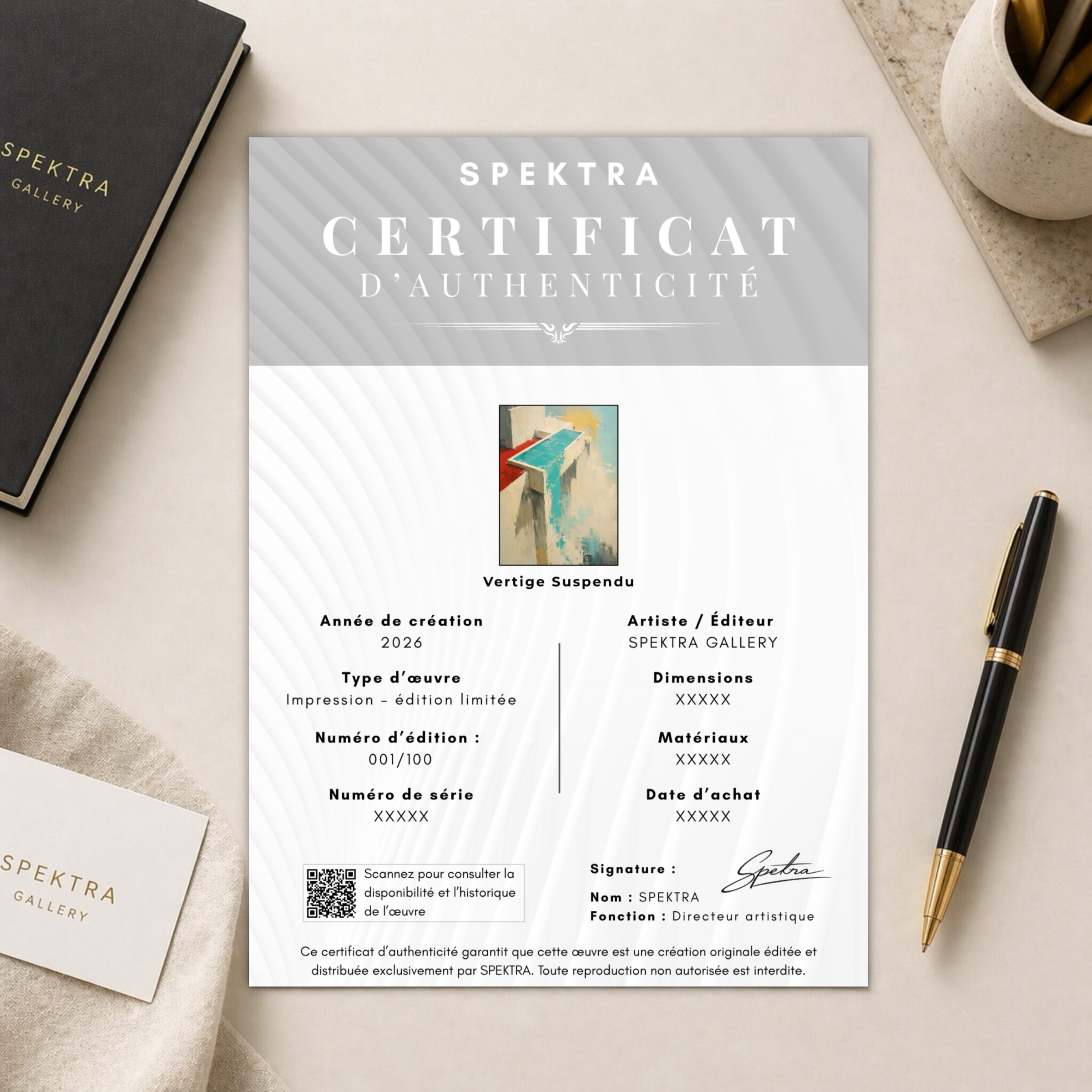 Certificat d’authenticité SPEKTRA du tableau Vertige Suspendu avec miniature de l’œuvre architecturale turquoise, rouge et crème.