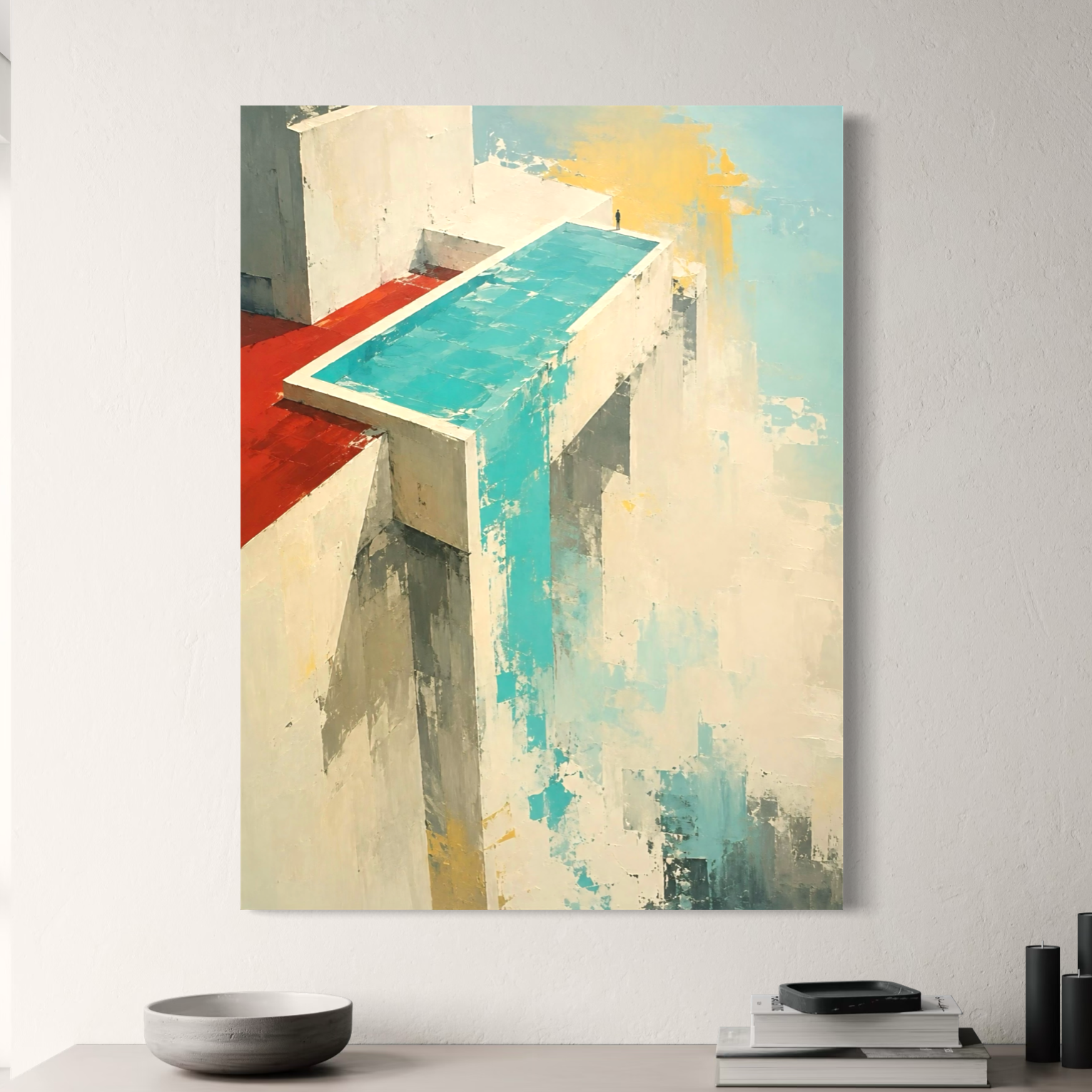 Tableau Vertige Suspendu sur toile dans un intérieur minimaliste, avec architecture abstraite turquoise, beige et rouge sur un mur clair.