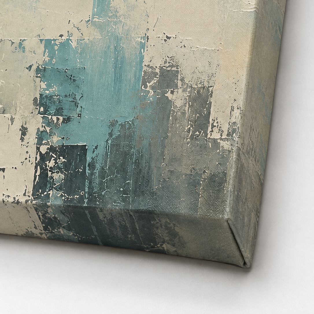 Détail du tableau Vertige Suspendu montrant la texture de la toile, les aplats turquoise, beige et gris ainsi que les effets de matière de l’architecture abstraite.