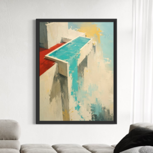 Tableau Cocktail Riviera Tableau Vertige Suspendu avec cadre noir représentant une architecture contemporaine abstraite turquoise, crème et rouge dans un salon moderne.