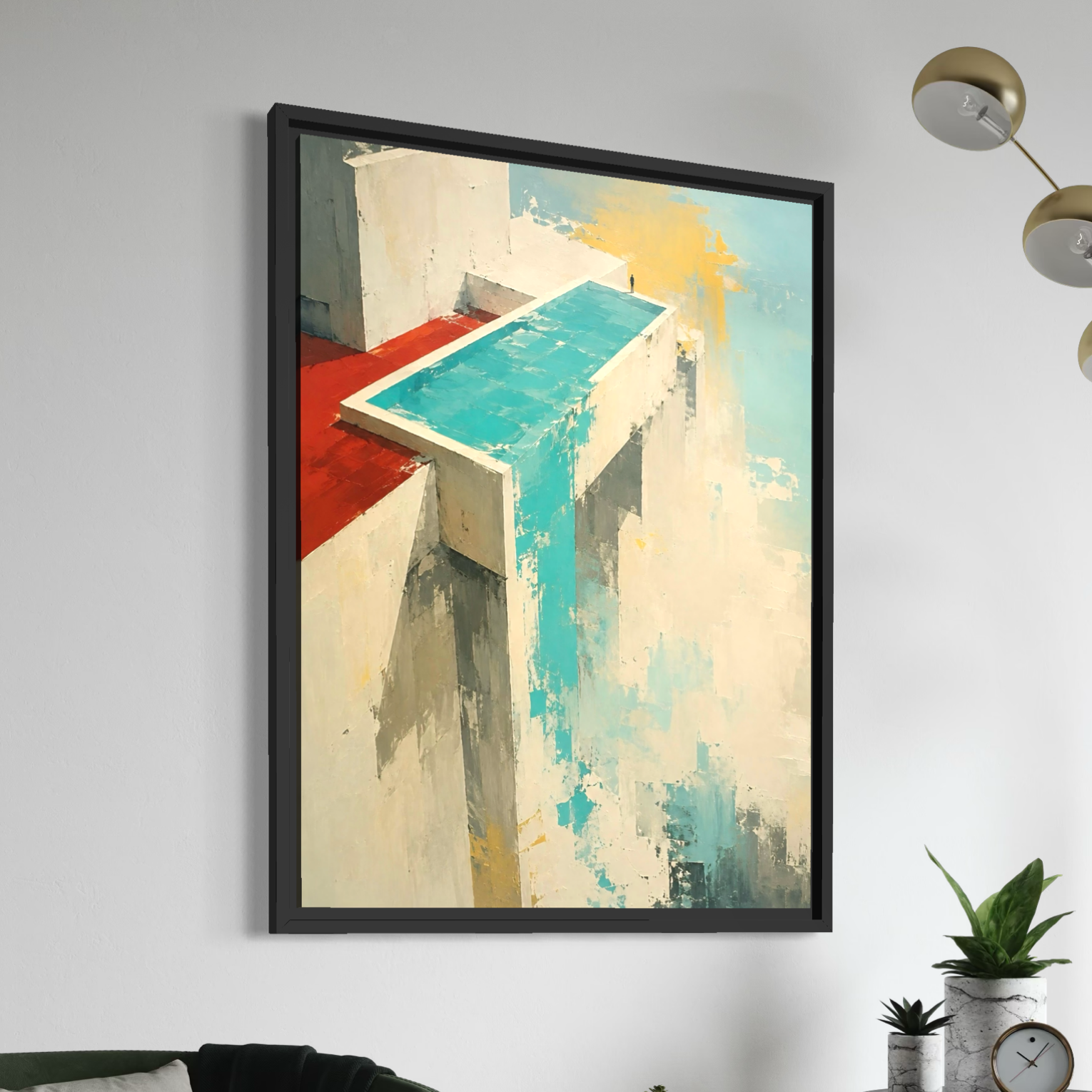 Vue en perspective du tableau Vertige Suspendu avec cadre noir et architecture géométrique turquoise dans un intérieur design contemporain.