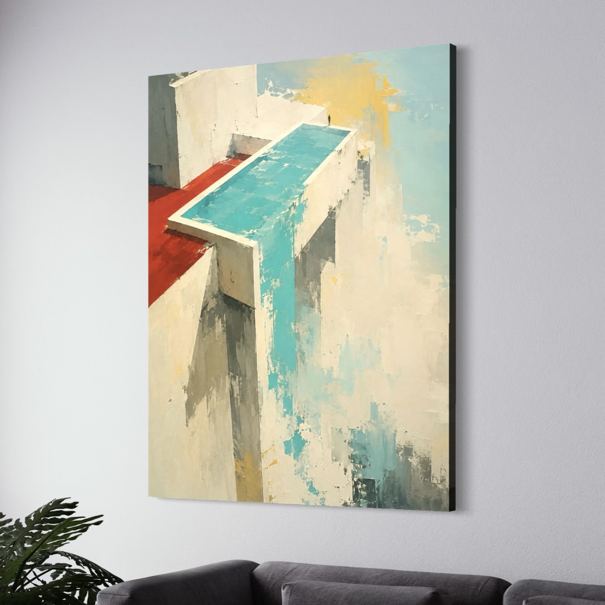 Vue en perspective du tableau Vertige Suspendu sur toile montrant son architecture abstraite turquoise, rouge et crème dans une décoration contemporaine.